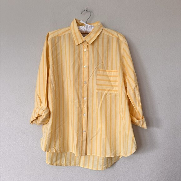 LOFT Shirt Womens Yellow Stripe Long Sleeve Button Size Large Mediumweight - Picture 8 of 8